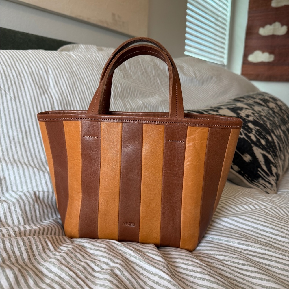 Brown and Tan Structured Leather Tote with Two-Tone Stripes